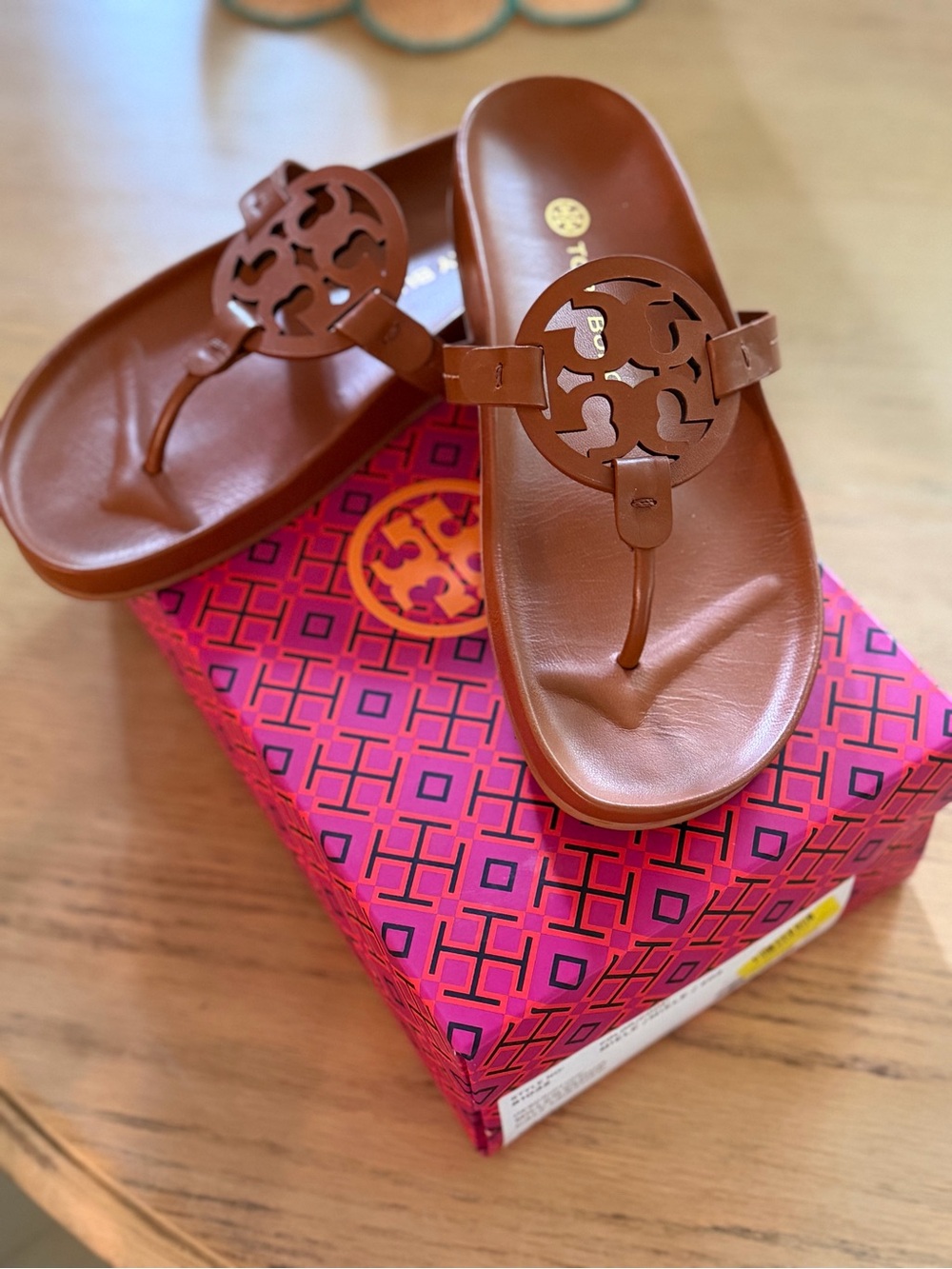 Tory Burch Brown Leather Logo Thong Sandals with Cutout Medallion